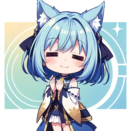 <lora:hotarueye_comic3_type3:2> closed eyes, 1girl, (chibi:1.4), smile, closed mouth, upper body, standing, animal ear, blue hair,