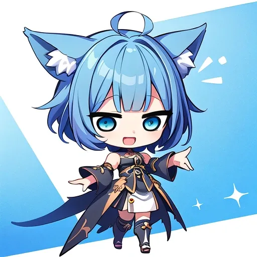 <lora:hotarueye_jitome1_v100:1>, 1girl, (chibi:1.4), smile, open mouth, dynamic angle, standing, animal ear, blue hair,