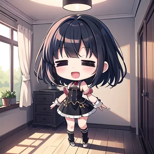 <lora:hotarueye_comic3_type3:1.5>, 1girl, (chibi:1.4), smile, open mouth, upper body, standing, , black hair, indoors