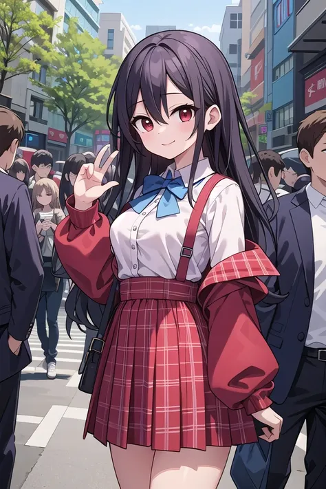 insanely detailed, absurdres, ultra-highres, ultra-detailed, best quality,
1girl, solo, nice hands, perfect hands,
BREAK
jirai kei,plaid skirt, shirt, long sleeves, bow, blue skirt, white shoulder frilly shirt, outdoors, blue bow, long hair
BREAK
happy smile, laugh, closed mouth, standing,
,
cute pose, cowboy shot,
BREAK
slender, kawaii, perfect symmetrical face, ultra cute girl, ultra cute face, ultra detailed eyes, ultra detailed hair, ultra cute, ultra beautiful,
BREAK
in harajuku, shibuya, tokyo, street, crowd, cityscape,
BREAK
medium breasts,
(black hair, red eyes), hair between eyes