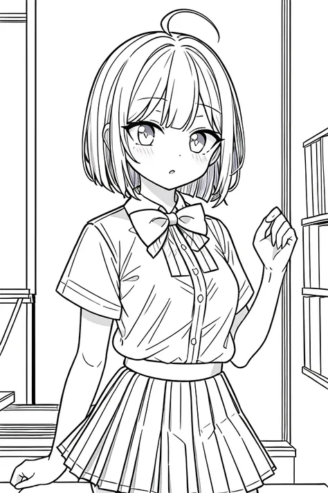 masterpiece, best quality, 1girl, solo, long_hair, looking_at_viewer, monochrome, lineart,
<lora:animeLineartMangaLike_v30MangaLike:0.8>,
in schoolyard, summer school uniform with bowtie, (shirt:1.4), (pleated skirt:1.3), (bowtie:1.4), short sleeves,, (short bob cut), (single ahoge),