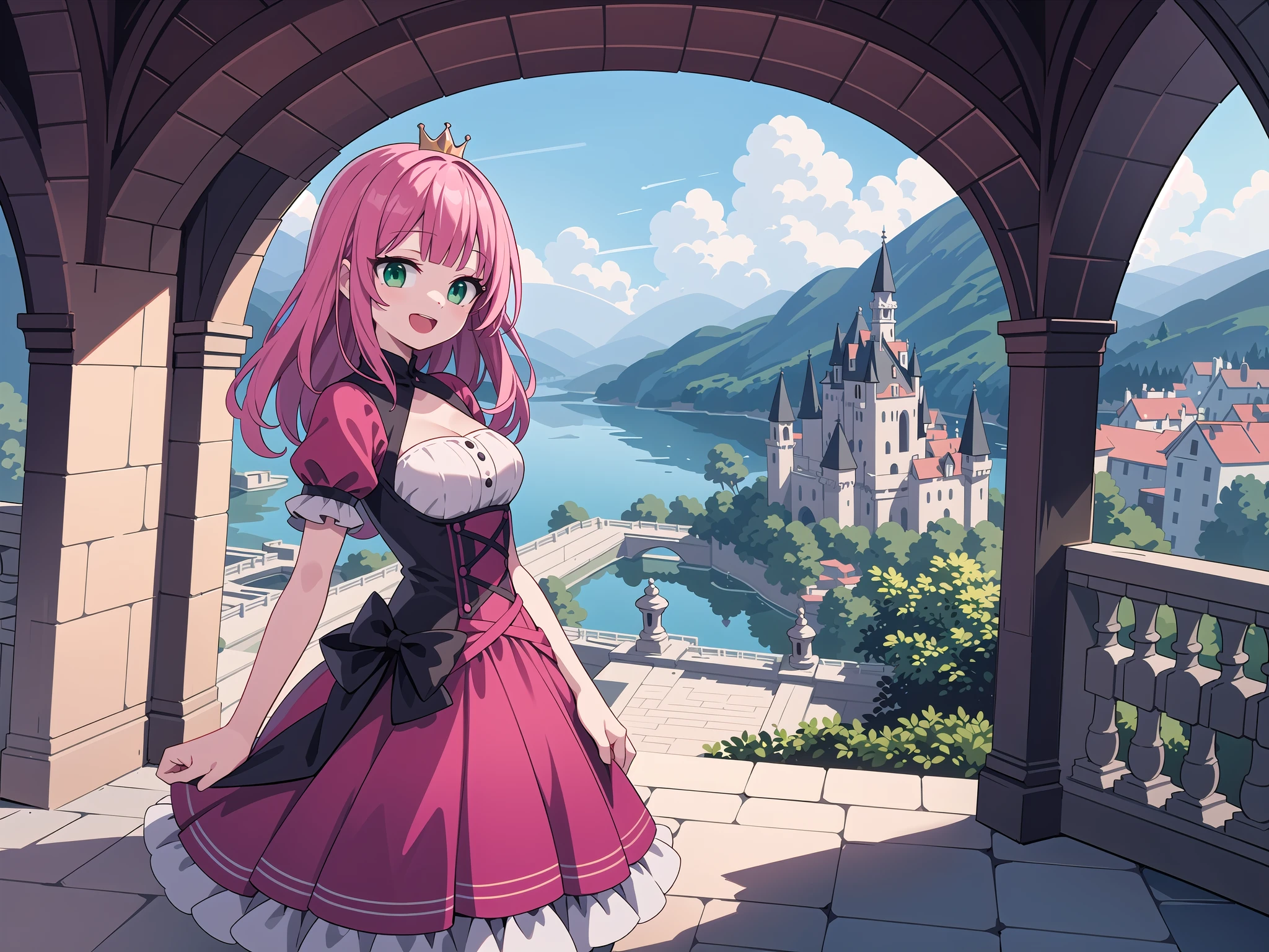 insanely detailed, absurdres, ultra-highres, ultra-detailed, best quality,
1 girl, solo, nice hands, perfect hands,
BREAK,
(wearing princess dress), teara,
happy smile, laugh, open mouth,
standing,
from side, cowboy shot, looking at viewer,
BREAK,
slender, kawaii, perfect symmetrical face, ultra cute girl, ultra cute face, ultra detailed eyes, ultra detailed hair, ultra cute, ultra beautiful,
BREAK,
fantasy world, (castle in background, lake:1.3), (very wide, panorama view, sense of depth, magnificent view:1.3)
BREAK,
princess girl, pink hair, green eyes, medium breasts
