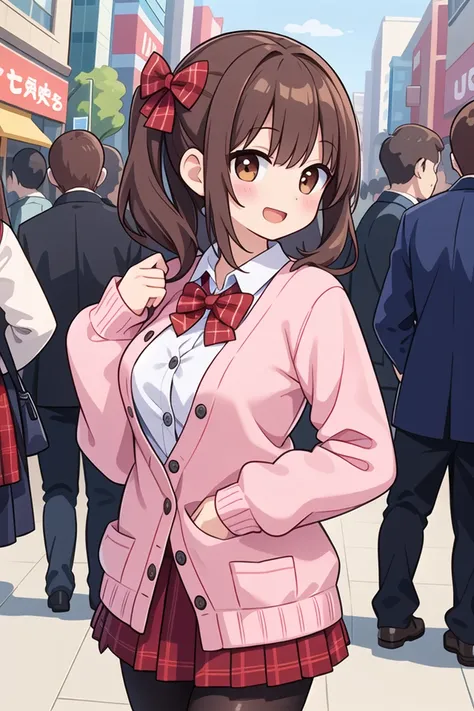 insanely detailed, absurdres, ultra-highres, ultra-detailed, best quality,
1girl, solo, nice hands, perfect hands
BREAK
(School Uniforms:1.2), (pink cardigan is fit body:1.4), ((do up a buttons, not loose):1.5), ((long sleeve, sleeves past wrists):1.2), (inner wear is white collared-shirt:1.3), (red plaid-pattern bow:1.3), (red plaid-pattern pleated skirt:1.3), ((dark-brown pantyhose, loafers):1.2)
BREAK
happy smile, laugh, open mouth, standing,
from side,
cute pose, cowboy shot
BREAK
slender, kawaii, perfect symmetrical face, ultra cute girl, ultra cute face, ultra detailed eyes, ultra detailed hair, ultra cute, ultra beautiful
BREAK
in harajuku, shibuya, tokyo, street, crowd, cityscape
BREAK
medium large breasts,
(brown hair, brown eyes), hime cut