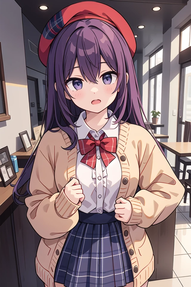 insanely detailed, absurdres, ultra-highres, ultra-detailed, best quality,
1girl, solo, nice hands, perfect hands
BREAK
(vintage-inspired beret with flower pin:1.3), (navy and red plaid dress:1.5), (golden buttons down the front:1.2), (ivory blouse with ruffle detailing and red bow tie:1.4), (peach cardigan with cable knit pattern:1.3), (black tights:1.1), (red Mary Jane shoes:1.2)
BREAK
(nsfw:-1.5)
BREAK
expressionless, open mouth
BREAK
(45 angle:-1.5), (from side:-1.5),
standing, cowboy shot, looking at viewer
BREAK
slender, kawaii, perfect symmetrical face, ultra cute girl, ultra cute face, ultra detailed eyes, ultra detailed hair, ultra cute, ultra beautiful
BREAK
in coffee shop, depth of field, ultra detailed background
BREAK
medium breasts
BREAK
purple hair, purple eyes, twist out, hair between eyes