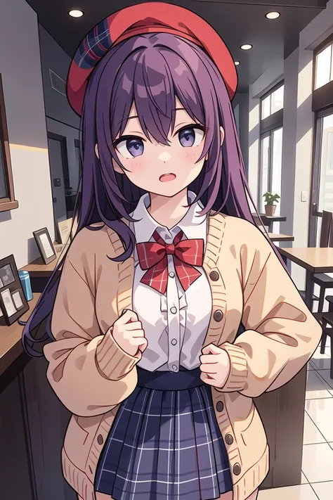 insanely detailed, absurdres, ultra-highres, ultra-detailed, best quality,
1girl, solo, nice hands, perfect hands
BREAK
(vintage-inspired beret with flower pin:1.3), (navy and red plaid dress:1.5), (golden buttons down the front:1.2), (ivory blouse with ruffle detailing and red bow tie:1.4), (peach cardigan with cable knit pattern:1.3), (black tights:1.1), (red Mary Jane shoes:1.2)
BREAK
(nsfw:-1.5)
BREAK
expressionless, open mouth
BREAK
(45 angle:-1.5), (from side:-1.5),
standing, cowboy shot, looking at viewer
BREAK
slender, kawaii, perfect symmetrical face, ultra cute girl, ultra cute face, ultra detailed eyes, ultra detailed hair, ultra cute, ultra beautiful
BREAK
in coffee shop, depth of field, ultra detailed background
BREAK
medium breasts
BREAK
purple hair, purple eyes, twist out, hair between eyes