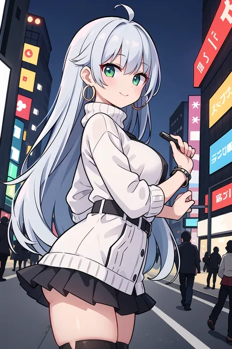 insanely detailed, absurdres, ultra-highres, ultra-detailed, best quality,
1girl, solo, nice hands, perfect hands
BREAK
(Cyberpunk theme:1.2), ((wear an oversized white turtleneck with holographic circuit pattern) paired with (black A-line layered skirt):1.2), (black thigh-high boots:1.2)
BREAK
(silver accessories:1.2), (silver hoop earrings:1.2), (silver ankle bracelet:1.2)
BREAK
happy smile, laugh, closed mouth
BREAK
from side,
standing, cowboy shot, looking at viewer
BREAK
slender, kawaii, perfect symmetrical face, ultra cute girl, ultra cute face, ultra detailed eyes, ultra detailed hair, ultra cute, ultra beautiful
BREAK
shibuya, akihabara, tokyo, street, crowd, cityscape, depth of field, ultra detailed background
BREAK
large breasts
BREAK
pink hair, dark green eyes, afro,