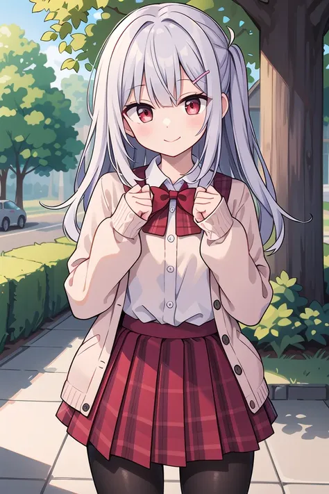 insanely detailed, absurdres, ultra-highres, ultra-detailed, best quality,
1girl, solo, nice hands, perfect hands
BREAK
(School Uniforms:1.2), (pink cardigan is fit body:1.4), ((do up a buttons, not loose):1.5), ((long sleeve, sleeves past wrists):1.2), (inner wear is white collared-shirt:1.3), (red plaid-pattern bow:1.3), (red plaid-pattern pleated skirt:1.3), ((dark-brown pantyhose, loafers):1.2)
, (cleavage:-1.5)
BREAK
happy smile, laugh, closed mouth
BREAK
(45 angle:-1.5), (from side:-1.5),
standing, cowboy shot, looking at viewer
BREAK
slender, kawaii, perfect symmetrical face, ultra cute girl, ultra cute face, ultra detailed eyes, ultra detailed hair, ultra cute, ultra beautiful
BREAK
in forest, depth of field, ultra detailed background
BREAK
medium large breasts
BREAK
(grey hair, red eyes), spiked hair,