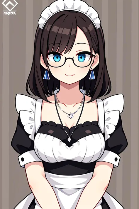 masterpiece, best quality, hires, 1girl, maid, earrings, necklace, glasses, ((text, logo)), stripes pattern background, smile