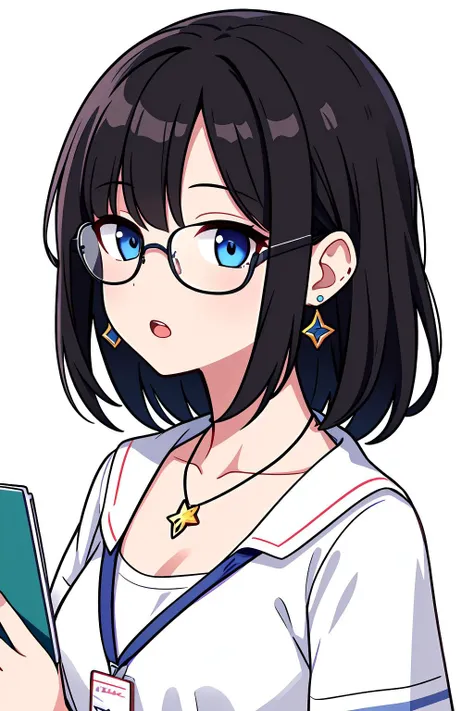 masterpiece, best quality, hires, 1girl, secretary, earrings, necklace, glasses, ((text, logo)), white background, <lora:smallcirclemouth_v100:1>, open mouth