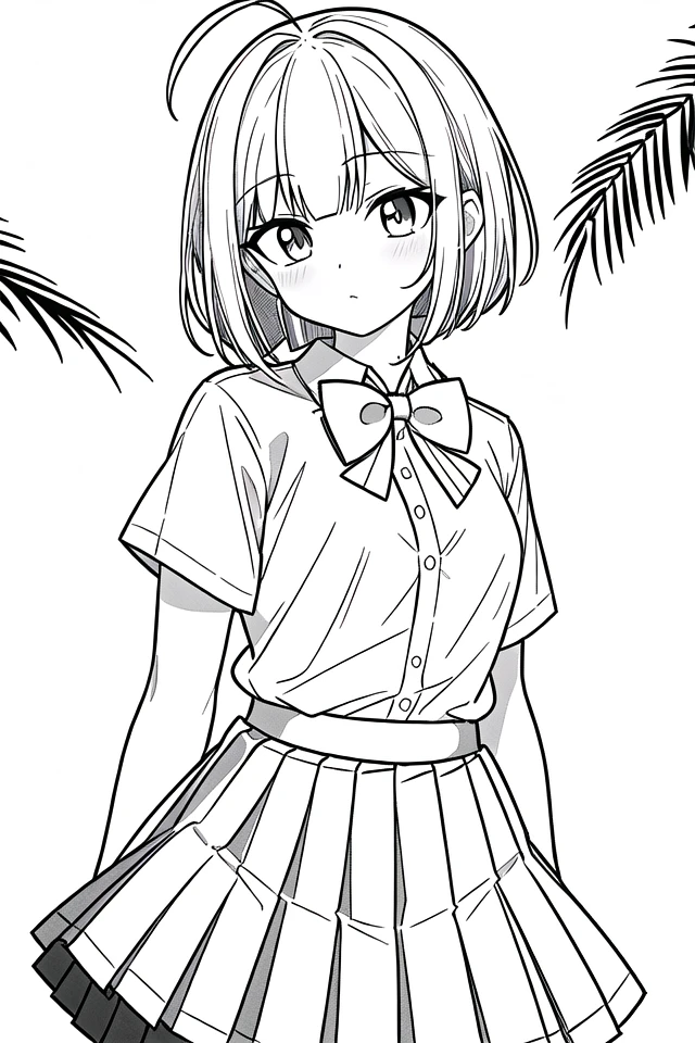 masterpiece, best quality, 1girl, solo, long_hair, looking_at_viewer, monochrome, lineart,
<lora:animeLineartMangaLike_v30MangaLike:0.8>,
in schoolyard, summer school uniform with bowtie, (shirt:1.4), (pleated skirt:1.3), (bowtie:1.4), short sleeves,, (short bob cut), (single ahoge),