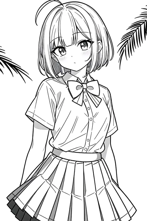 masterpiece, best quality, 1girl, solo, long_hair, looking_at_viewer, monochrome, lineart,
<lora:animeLineartMangaLike_v30MangaLike:0.8>,
in schoolyard, summer school uniform with bowtie, (shirt:1.4), (pleated skirt:1.3), (bowtie:1.4), short sleeves,,  (short bob cut),  (single ahoge),