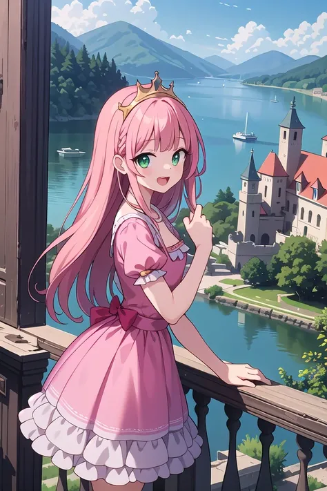 insanely detailed, absurdres, ultra-highres, ultra-detailed, best quality,
1 girl, solo, nice hands, perfect hands,
BREAK,
(wearing princess dress), teara,
happy smile, laugh, open mouth,
standing,
from side, cowboy shot, looking at viewer,
BREAK,
slender, kawaii, perfect symmetrical face, ultra cute girl, ultra cute face, ultra detailed eyes, ultra detailed hair, ultra cute, ultra beautiful,
BREAK,
fantasy world, (castle in background, lake:1.3), (very wide, panorama view, sense of depth, magnificent view:1.3)
BREAK,
princess girl, pink hair, green eyes, medium breasts