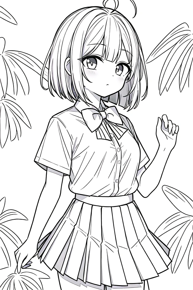 masterpiece, best quality, 1girl, solo, long_hair, looking_at_viewer, monochrome, lineart,
<lora:animeLineartMangaLike_v30MangaLike:0.8>,
in schoolyard, summer school uniform with bowtie, (shirt:1.4), (pleated skirt:1.3), (bowtie:1.4), short sleeves,, (short bob cut), (single ahoge),