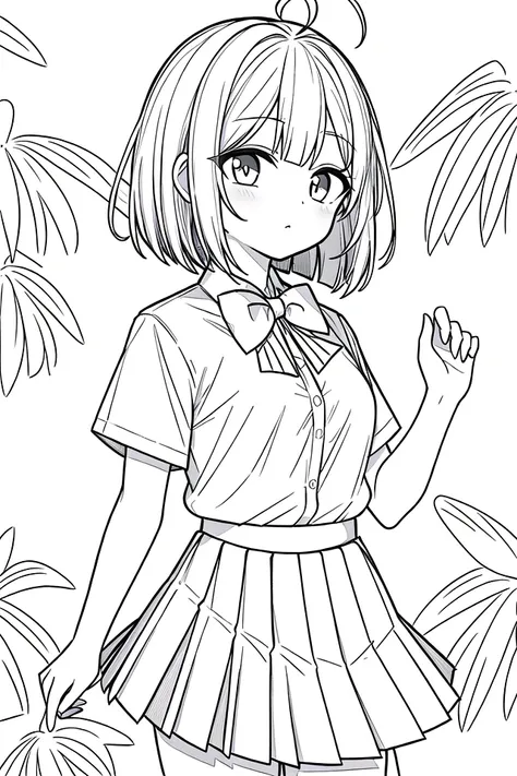 masterpiece, best quality, 1girl, solo, long_hair, looking_at_viewer, monochrome, lineart,
<lora:animeLineartMangaLike_v30MangaLike:0.8>,
in schoolyard, summer school uniform with bowtie, (shirt:1.4), (pleated skirt:1.3), (bowtie:1.4), short sleeves,, (short bob cut), (single ahoge),