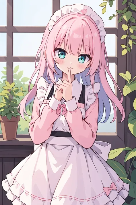 insanely detailed, absurdres, ultra-highres, ultra-detailed, best quality,
1girl, solo, nice hands, perfect hands,
BREAK
apron, blush, bow, bowtie, frilled apron, frills, long sleeves, maid, maid apron, maid headdress, waist apron, white apron
BREAK
smile, closed mouth
BREAK
finger to mouth, index finger raised, shushing, cowboy shot, looking at viewer,
BREAK
slender, kawaii, perfect symmetrical face, ultra cute girl, ultra cute face, ultra detailed eyes, ultra detailed hair, ultra cute, ultra beautiful,
BREAK
day, flower, ivy, leaf, indoors, open door, plant, potted plant, vines, window,
BREAK
white (pink:1.2) hair, green eyes, long hair, medium breasts, bangs, eyebrows visible through hair,
