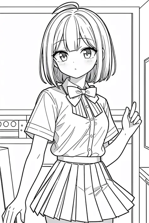 masterpiece, best quality, 1girl, solo, long_hair, looking_at_viewer, monochrome, lineart,
<lora:animeLineartMangaLike_v30MangaLike:0.8>,
in schoolyard, summer school uniform with bowtie, (shirt:1.4), (pleated skirt:1.3), (bowtie:1.4), short sleeves,, (short bob cut), (single ahoge),