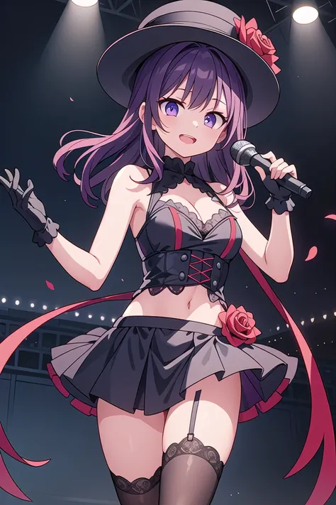 insanely detailed, absurdres, ultra-highres, ultra-detailed, best quality,
1girl, solo, nice hands, perfect hands
BREAK
(nsfw:-1.5),
(Royal:1.4), (red and black theme:1.5), ((red) bucket hat with rose corsage:1.4), (fusion of black high neck crop top and latex (red bustier):1.4), ((floral lace, see-through):1.3), ((sleeveless, bare shoulders):1.3), (red tiered skirt with black ruffles:1.4), ((ultra long gloves) with floral lace:1.3), (wrap a (cat garter) around thighs:1.4), ((red:1.3) platform HIGH boots:1.1),
(naked skin:-1), (cat:-1), (cat ear:-1), (cat tail:-1), (garter belt:-1), (strap:-1), (black skirt:-1), (white skirt:-1), (red glove:-1), (cape:-1), (slit:-1)
BREAK
happy smile, laugh, open mouth, (standing, singing, dancing, holding one microphone in left hand:1.4)
BREAK
cute pose, cowboy shot
BREAK
slender, kawaii, perfect symmetrical face, ultra cute girl, ultra cute face, ultra detailed eyes, ultra detailed hair, ultra cute, ultra beautiful
BREAK
indoors, concert hall, idol live, crowded audience
BREAK
medium large breasts
BREAK
purple hair, purple eyes, shag,