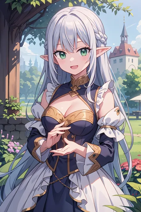 insanely detailed, absurdres, ultra-highres, ultra-detailed, best quality,
1girl, solo, nice hands, perfect hands
BREAK
elf girl, (wearing dress with many frills:1.2), (nsfw:-1.5), (navel:-1)
BREAK
happy smile, laugh, open mouth
BREAK
standing, cowboy shot, looking at viewer
BREAK
slender, kawaii, perfect symmetrical face, ultra cute girl, ultra cute face, ultra detailed eyes, ultra detailed hair, ultra cute, ultra beautiful
BREAK
fantasy world, garden of castle, depth of field, ultra detailed background
BREAK
large breasts, cleavage,
BREAK
silver hair, long hair, elf ear, green eyes