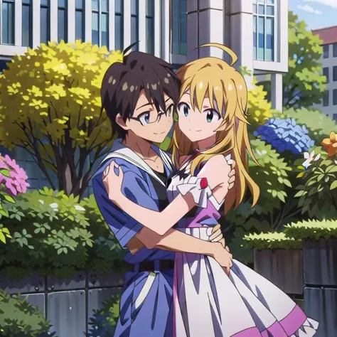 masterpiece,best quality,ultra detail <lora:GoodHands-vanilla:0.7> 1man,1girl,flower garden,portrait,close up,outdoor
AND masterpiece,best quality,ultra detail,1man,1girl, upper body.AkabaneP, black hair, brown eyes,glasses, <lora:AkabaneP:0.7>,smile,looking each other,flower garden,shy,outdoor,shoulder hug,
AND masterpiece,best quality,ultra detail,1man,1girl, <lora:miki-idolmaster:0.7>,upper body ,hoshii miki,ahoge,blond hair,happy,smile,blush,(arm hug),flower garden,looking each other,speech bubble,outdoor,girlish dress <lora:hyperdetailer_v080:0.6>loveheart