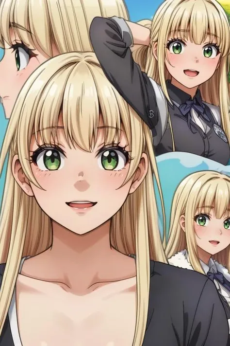 (an illustration of a teenage girl posing,dramatic_scene,happy_expression,(an illustration of girl,teenage girl)),(multiple view manuscript),magazine_illustration,((Faux Fur Shrug:1.5):0.65),flat chest,detailed image,8k high quality detailed,,(,towa, long hair, blonde hair, green eyes,round face),<lora:more_details:0.5>,<lora:Noel_Izumi:0.6>