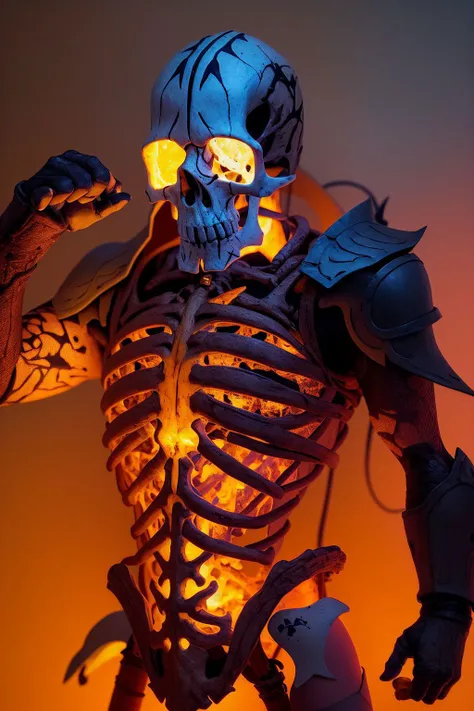skelton with (glowing epoxy_skull:1.2), wearing war_glam armor, war background, action scene, ultra quality, ultra realistic, <lora:artisticEasternFantasy_v10:1> <lora:glowingSkullLora_v10:1>