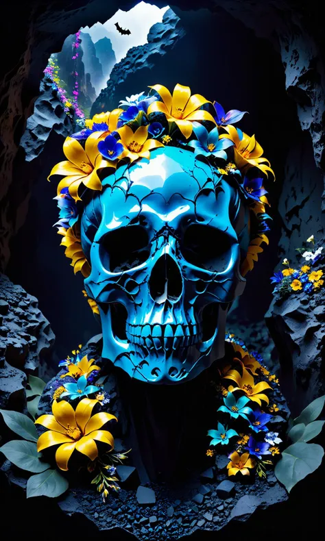 <lora:Skull:0.75> epoxy_skull, A skullish head made of flowers growing out it's neck inside a dark cave with black rocks in the background'batman</photo>vogue magazine photorealistic still frame from new batikalism <dark gloomy atmosphereCinecene photo realistic lighting refraction; ultra