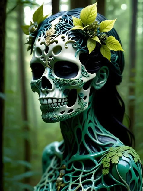 female in a mythical forest, masterpiece, perfect face, intricate details, horror theme, epoxy_skull <lora:epoxy_skull-sdxl:0.5>