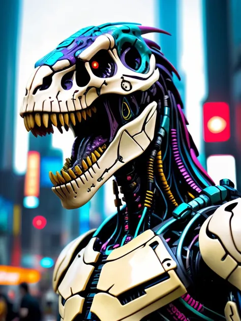 mythical cyberpunk trex, cyberpunk city, full body, masterpiece, perfect face, intricate details, horror theme epoxy_skull <lora:epoxy_skull-sdxl:0.4>