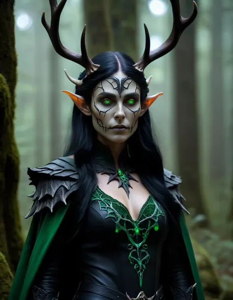 (Close shot, upper body profile) photo of an (elf woman:1.3) with an (epoxy_skull head:1.5), (antlers:1.3), (glowing green eyes:1.5), long black hair, and (elven ears:1.5). (Fantasy horror style:1.3).
She is wearing (ranger leather armor:1.1). She is in a gloomy enchanted forest, (trees with silver bark and silver leaves) in the background, moss and stones, bones, spiderwebs. Evening, misty, dark.
cinematic lighting, vibrant colors, detailed skin texture, detailed cloth texture, beautiful detailed perfect face, intricate sharp details, ultra high res <lora:epoxy_skull:0.7>