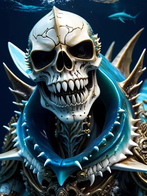 mythical ocean shark, in the deep, upper body, masterpiece, perfect face, intricate details, horror theme epoxy_skull <lora:epoxy_skull-sdxl:0.4>
