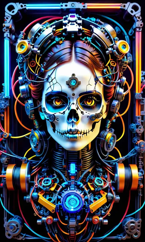 Masterpiece, epoxy_skull, <lora:Skull:0.5>, A photorealistic render of a beautiful fast-shaded steampunk girl face with mechanical parts and cybertronnetic eyes who is surrounded by cables wires swirling around her body in a huge empty room intricate colorful detailed octane 3d sculpture cyberpunk pattern frame made of neon