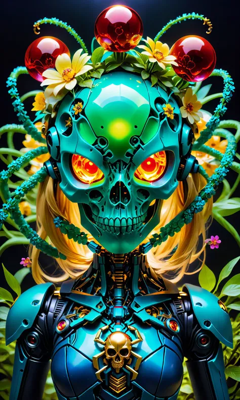<lora:Skull:0.75> epoxy_skull, A skullish green spider-head female android made of flowers with golden hair and blue eyes holding a red glowing orb</photo>high resolution" realistic>photorealistic "photograph of an anime character robot looking at the camera::art by Hsiao-Ron Cheng!!!!!!!!!! sci