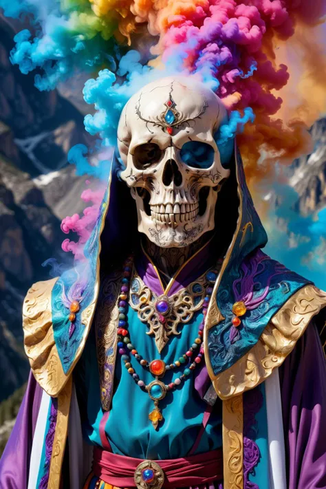 male mythical wizard standing sidways, wearing elaborate robe.half-body-shot, masterpiece, perfect face, intricate details, epoxy_skull <lora:epoxy_skull-sdxl:0.5>, surrounded by colorful smoke, <lora:xl_more_art-full_v1:0.5>, standing on a mountain