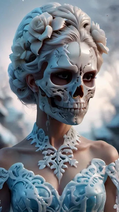 portrait of a gorgeous female in a beautiful dress with a skull in the middle, by charlie bowater, ross tran, intricate, detailed face, elegant, intricate, volumetric lighting, scenery, digital painting, highly detailed, artstation, sharp focus, illustration, concept art, <lora:epoxy_skull:1.2> epoxy_skull <lora:extremely_detailed:0.8> extremely detailed <lora:ral-glacial:1> ral-glacial