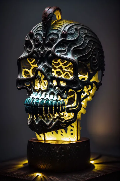 bronce bust, bronzecd <lora:realisticBronzeArt_v10:1> epoxy_skull <lora:glowingSkullLora_v10:1.46>