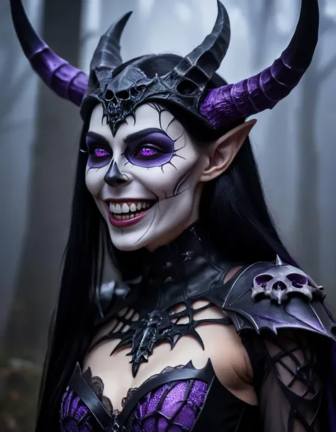 (Close shot, upper body profile) photo of a (maniacal laughing:1.3) (elf woman:1.1) with an (epoxy_skull:1.3) head (purple eyes:1.5), (small black horns:1.1), long black hair, (elven ears:1.1), (open mouth:1.), (perfect teeth:1.3), pale skin, black lipstick. (Fantasy horror style:1.3).
She is wearing (evil black and purple armor:1.1). She is in a gothic dungeon, (midnight:1.5), fog, (dark:1.5), spiderwebs, spiders.
cinematic lighting, vibrant colors, detailed skin texture, detailed cloth texture, beautiful detailed perfect face, intricate sharp details, ultra high res <lora:epoxy_skull:0.7>