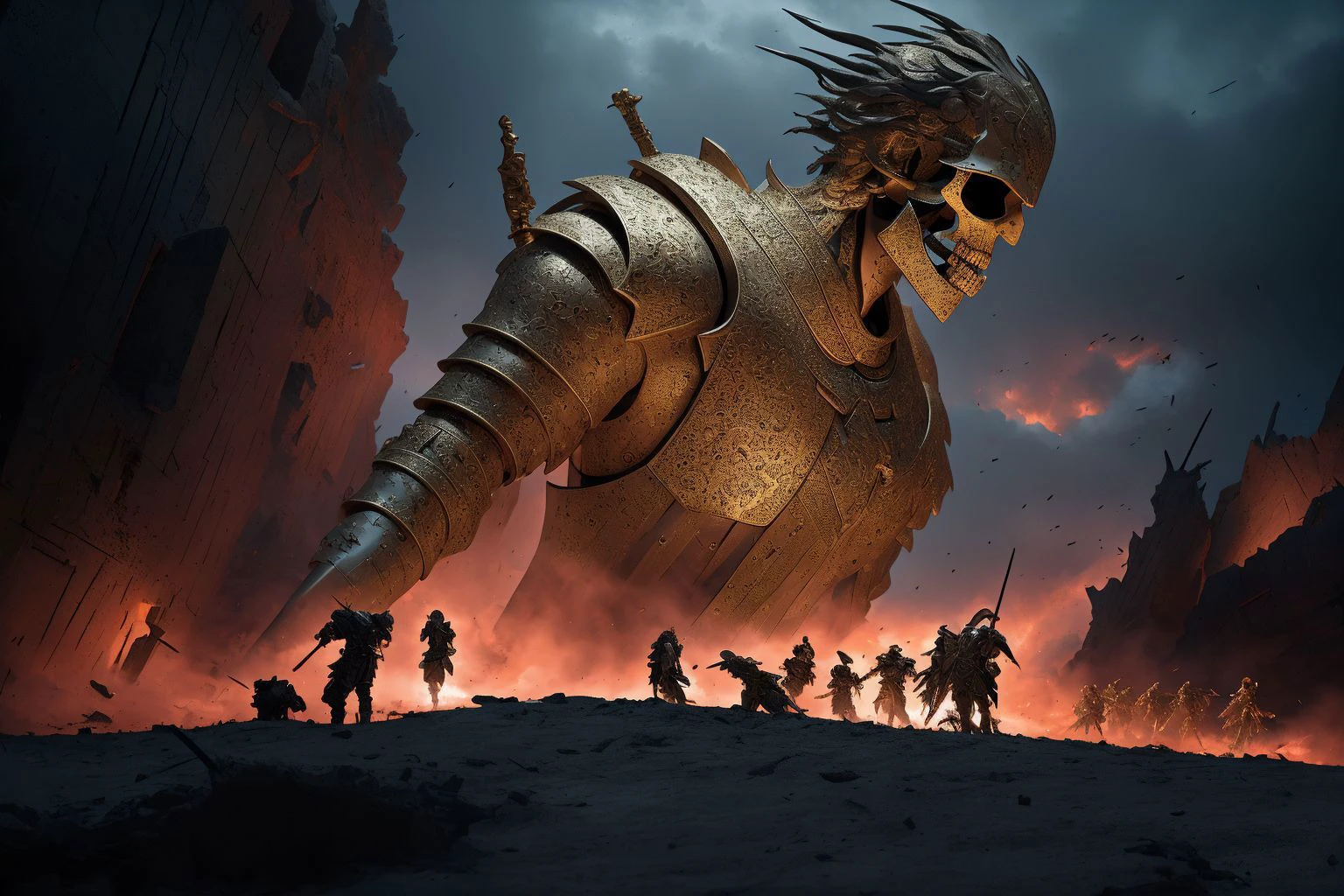 (masterpiece), (best quality), (detailed), atmospheric medieval battlefield teeming with hundreds of soldiers with epoxy_skull head, diverse array of weapons and armor, war-torn scene, valiant knights in red armor, exceptional detail and intricacy, adhering to the golden ratio, moody and dramatic lighting, cinematic and epic composition, inspired by cgsociety masterpieces, 8k high-resolution image capturing the grandeur and intensity of the conflict <lora:blindbox_V1Mix:1> <lora:epiNoiseoffset_v2:1> <lora:epoxy_skull:1>