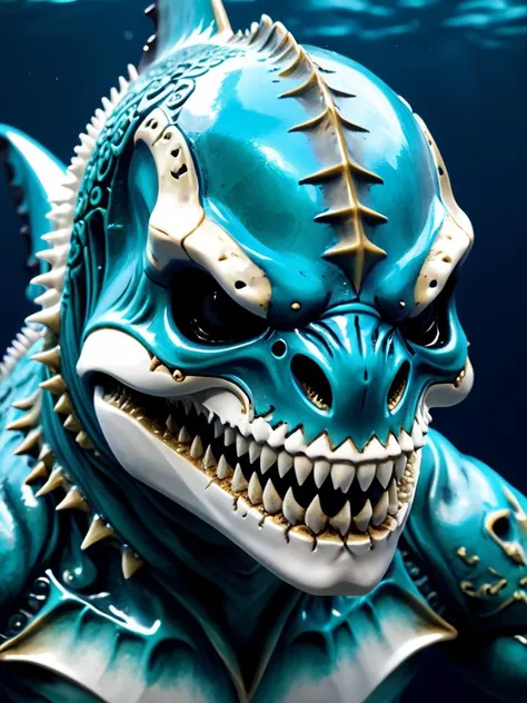 mythical ocean shark, in the deep, upper body, masterpiece, perfect face, intricate details, horror theme epoxy_skull <lora:epoxy_skull-sdxl:0.4>