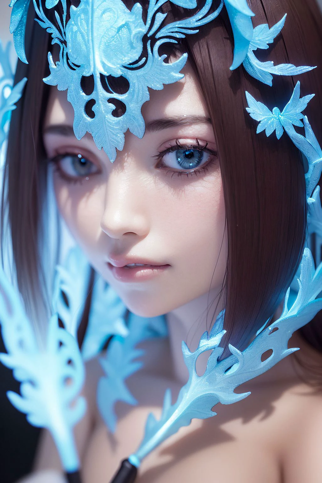 full head, face closeup shot, woman in a dress wearing fanbingbing fashion, wearing a epoxy_skull diarama, <lora:artisticEasternFantasy_v10:1> <lora:glowingSkullLora_v10:1.2>