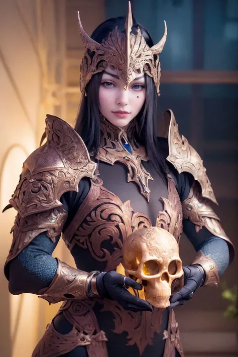 (shiny copper epoxy_skull:1.2), Masterpiece, high quality, 4K, beautiful design, shiny, from the front, award winning photo, extremely detailed, amazing, fine detail, absurdres, highly detailed woman, extremely detailed eyes and face, by lee jeffries nikon d850 film stock photograph 4 kodak portra 400 camera f1.6 lens rich colors hyper realistic lifelike texture dramatic lighting unrealengine trending on artstation cinestill 800 tungsten, solo, 1girl, fanbingbing, a woman in a black dress and a gold jacket, covered in blue feathers , wearing fanbingbing fashion, wearing WAR_glam armor, armor decorated with jewels, warrior armor, helmet, barbarian armor, final fantasy xiv setting, (symmetrical design:1.1), smiling, <lora:artisticEasternFantasy_v10:1> <lora:glowingSkullLora_v10:1.2>