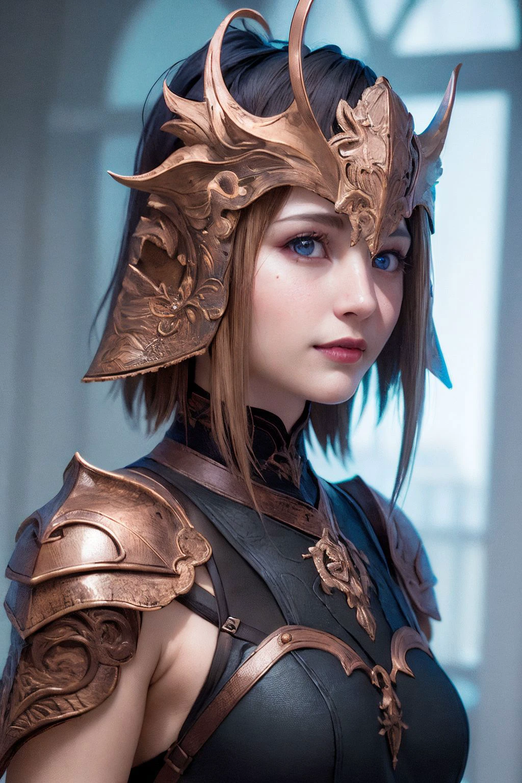 (shiny copper epoxy_skull:1.2), Masterpiece, high quality, 4K, beautiful design, shiny, from the front, award winning photo, extremely detailed, amazing, fine detail, absurdres, highly detailed woman, extremely detailed eyes and face, by lee jeffries nikon d850 film stock photograph 4 kodak portra 400 camera f1.6 lens rich colors hyper realistic lifelike texture dramatic lighting unrealengine trending on artstation cinestill 800 tungsten, solo, 1girl, fanbingbing, a woman in a black dress and a gold jacket, covered in blue feathers , wearing fanbingbing fashion, wearing WAR_glam armor, armor decorated with jewels, warrior armor, helmet, barbarian armor, final fantasy xiv setting, (symmetrical design:1.1), smiling, <lora:artisticEasternFantasy_v10:1> <lora:glowingSkullLora_v10:1.2>