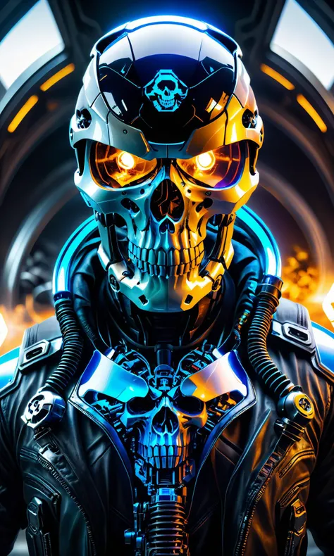 <lora:Skull:0.75> An epoxy_skull biker looking at viewer, ultra-detailed, a realistic shaded lighting, illustration, badass, epic, halo infinite engine, android robot, 8k, HDR10