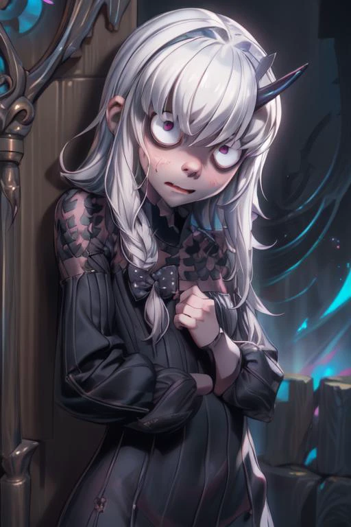(1girl), (solo), (peeking out from behind a wall), (shaded face), (polka dot bow), (black dress)(peekingout upper body)(behind wall), (blushing), (wavy mouth)
BREAK
(masterpiece, best quality, highlydetailed:1.2), (perfect lighting ), (cowboy shot), (color splash), (from below), (nervous feeling), (depth of field)
BREAK
<lora:LaviniaV11:1.2> lavinia whateley \(fate\) <lora:peeking_out_upper_body_pruned:1.4> <lora:epiNoiseoffset_v2:1>, <lora:add_detail:0.8>