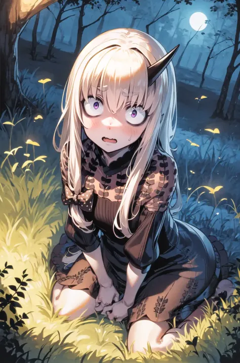 (masterpiece, best quality, detailed), 1girl, solo, outdoors, night, dark, forest, wavy mouth, open mouth, looking at viewer, shaded face, sitting, from above, against tree,
lavinia whateley \(fate\), polka dot bow, black dress, ((constricted pupils)), bare legs, barefoot, <lora:LaviniaV11-000003:0.9>, eyebrows hidden by hair, dutch angle