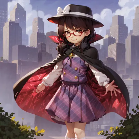 1girl, solo, usami sumireko, fedora, plaid vest, cape, low twintails, black hair, short har, red-rimmed glasses, white socks, looking at viewer, smirk, standing, outdoors, city  <lora:char-sumireko:1> <lora:artist-alkemanubis:1>