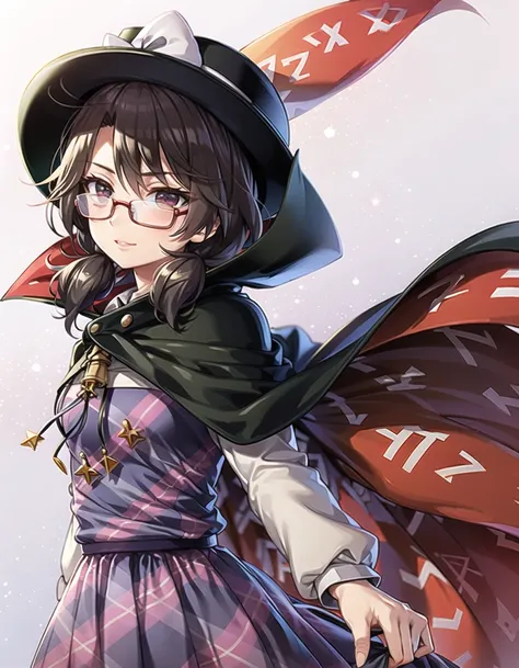 best quality, ultra high res, 1girl, usami sumireko, <lora:sumireko:1>, short hair, low twintails, black hair, fedora, red-framed eyewear, cape, plaid skirt, plaid vest,