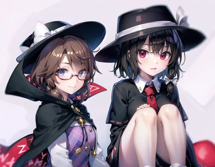 best quality, ultra high res, 2girls,
AND 2girls, jk, usami sumireko, <lora:sumireko:1>, short hair, low twintails, black hair, fedora, (cape), (red-framed eyewear), plaid skirt, plaid vest, smile, closed mouth, looking at viewer, facing front,
AND 2girls, jk, usami renko, <lora:renko:1>, short hair, black hair, fedora, red eyes, black capelet, red tie, white shirt, black pleated skirt, bare legs, white socks, black dress shoes,