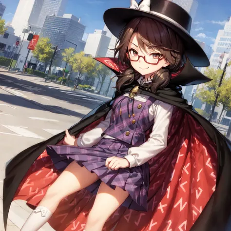 1girl, solo, usami sumireko, fedora, plaid vest, cape, low twintails, black hair, short har, red-rimmed glasses, white socks, looking at viewer, smirk, standing, outdoors, city  <lora:char-sumireko:1>