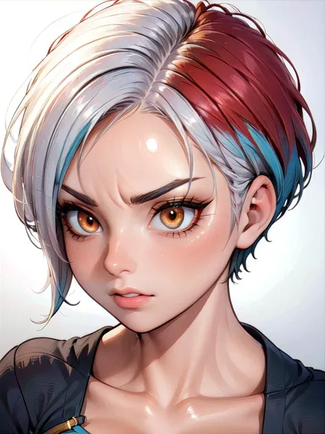 A mature 40-year-old woman with an asymmetrical pixie cut, rendered in high-quality anime style. She boasts an uberfit physique, accentuated by clothing with highly detailed shading and textures, reflecting a meticulous design process. The hair is given exceptional attention, with rich shading and precise line work to enhance depth and volume, creating a striking visual effect. Her eyes are large and detailed, a key feature in anime that captures a wide range of emotions. The addition of advanced dynamic lighting and vibrant colors brings out the realism and depth in her overall appearance. The quality of lineart throughout is intensified, with sharper and more defined lines adding clarity and precision to both the character and her attire. Against a plain white background, these details ensure that the focus remains squarely on the character, highlighting the sophisticated lineart and shading on her hair and clothing.
<lora:koreandolllikeness_xl:1> koreandolllikeness
 <lora:[GP]Thicc Style XL:0.6> thick thighs, curvy