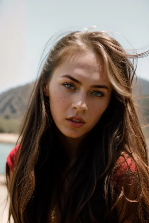 Realistic photo of a beautiful m3g4nf0x-v2 woman,  1girl, solo, long hair, breasts, looking at viewer, blue eyes, brown hair, shirt, navel, medium breasts, parted lips, open clothes, midriff, blurry, covered nipples, lips, blurry background, undressing, blue shirt, freckles, realistic, soft lighting, professional Photography, Photorealistic, detailed, RAW, analog, sharp focus, 8k, HD, DSLR, high quality, Fujifilm XT3, film grain, award winning, masterpiece<lora:m3g4nf0x-v2:1.0><lora:m3g4nf0x-v2:1.0><lora:m3g4nf0x-v2:1.0><lora:m3g4nf0x-v2:1.0><lora:m3g4nf0x-v2:1.0>
